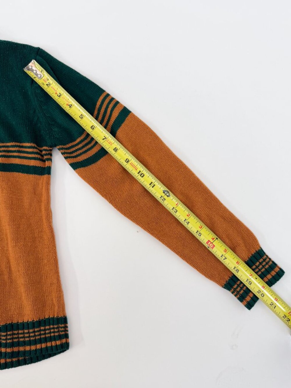 Vintage 70s Children's Green Yellow Striped Collegiate Crewneck Sweater Medium - Picture 5 of 10